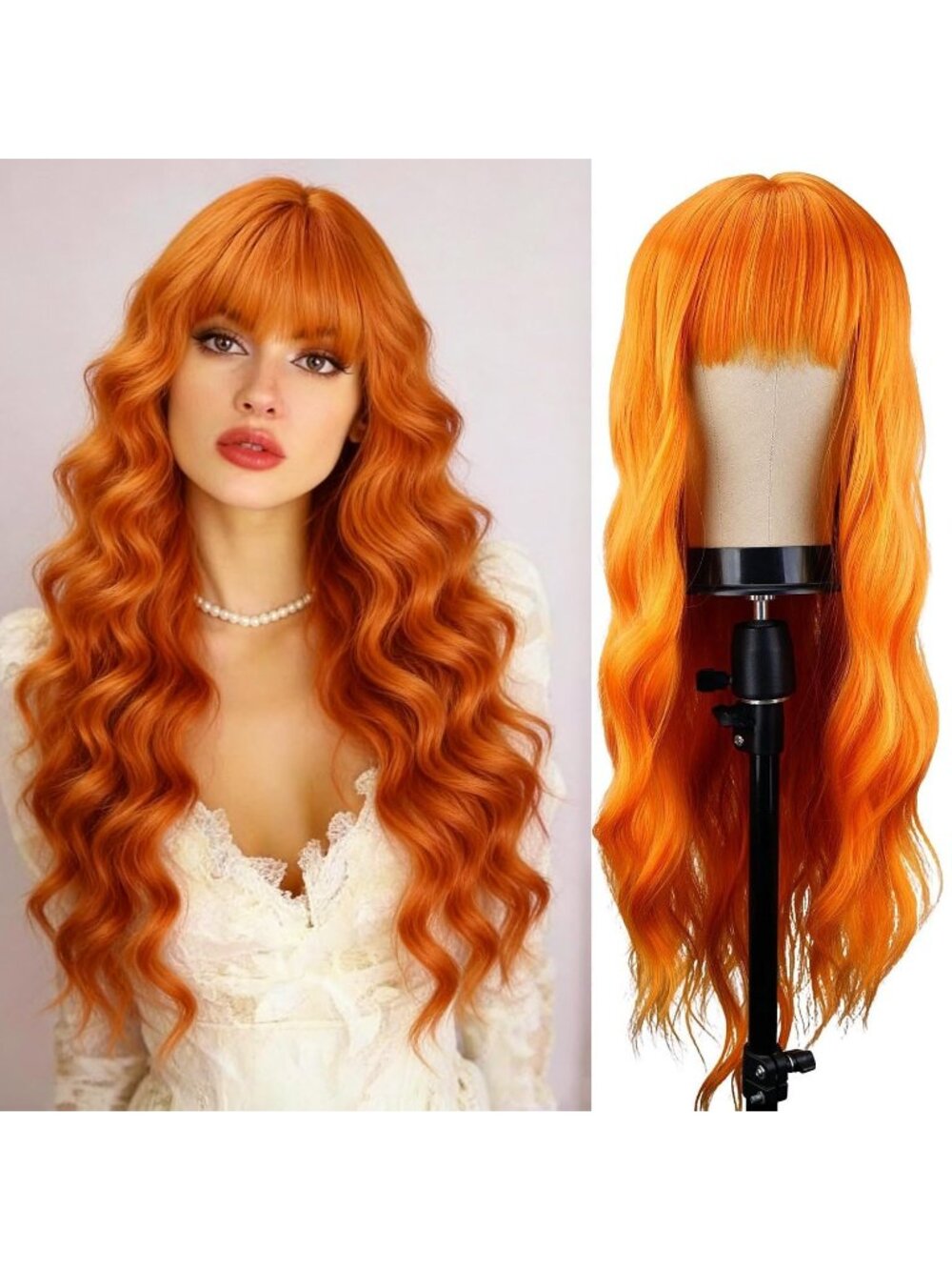 Women's Orange 26 Inch Natural Looking Synthetic Fiber Long Wavy Wigs Bangs